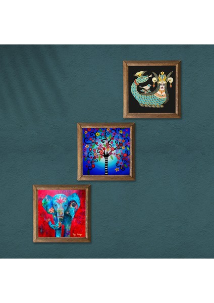 Fil, Hayat Ağacı, Şahmeran Ahşap Çerçeveli Taş Duvar Tablosu 3’lü Set – 25x25 cm Dekoratif Modern Sanat – Ev ve Ofis Dekoru |W3-322| modelleri
