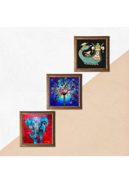 Fil, Hayat Ağacı, Şahmeran Ahşap Çerçeveli Taş Duvar Tablosu 3’lü Set – 25x25 cm Dekoratif Modern Sanat – Ev ve Ofis Dekoru |W3-322| indirimleri