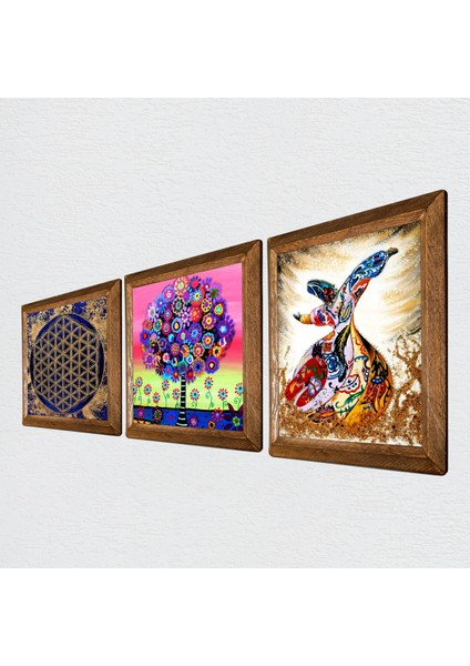 Yaşam Çiçeği, Karla Gerard Hayat Ağacı, Semazen Taş Duvar Tablosu Ahşap Çerçeveli Duvar Dekoru 3 Parça Tablo Seti Wall Art W3-335