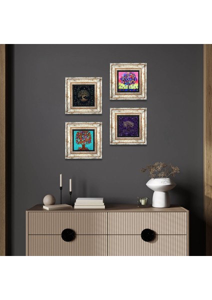 Hayat Ağacı Taş Duvar Tablosu Çerçeveli Duvar Dekoru 4 Parça Tablo Seti Wall Art T4-1093