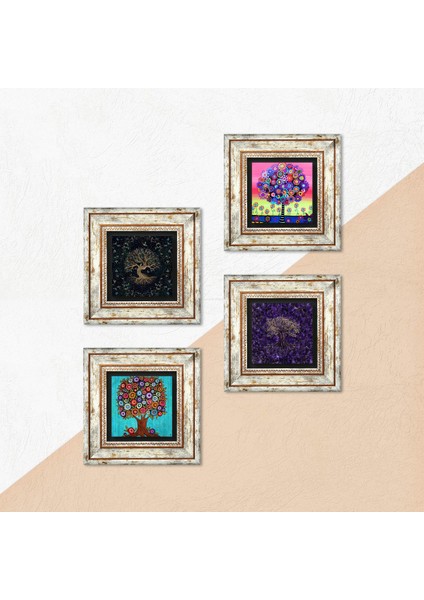 Hayat Ağacı Taş Duvar Tablosu Çerçeveli Duvar Dekoru 4 Parça Tablo Seti Wall Art T4-1093