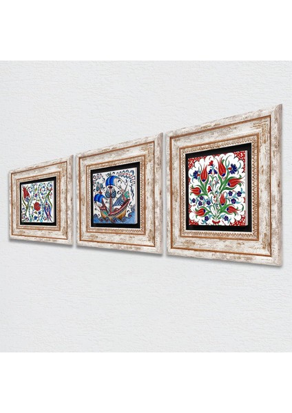 Çini Sanatı Lale, Yelkenli Gemi Çerçeveli Taş Duvar Tablosu 3’lü Set - Dekoratif Modern Sanat, Ev ve Ofis Dekoru |TK3-42| fiyatları