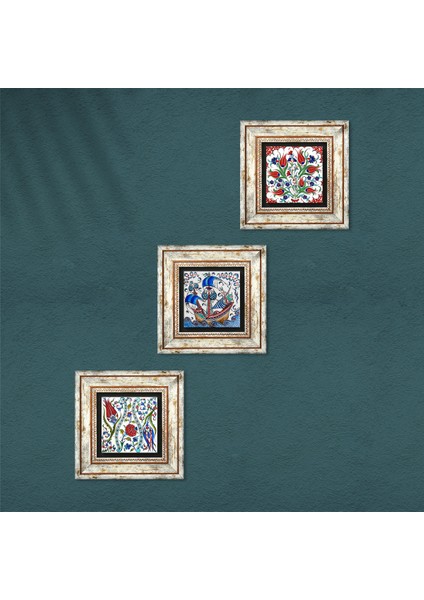Çini Sanatı Lale, Yelkenli Gemi Çerçeveli Taş Duvar Tablosu 3’lü Set - Dekoratif Modern Sanat, Ev ve Ofis Dekoru |TK3-42| fırsatları