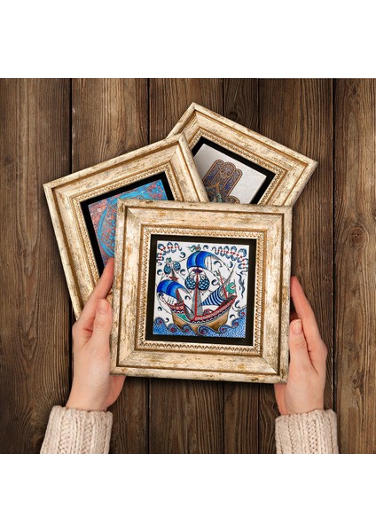 Çini Sanatı Lale, Yelkenli Gemi Çerçeveli Taş Duvar Tablosu 3’lü Set - Dekoratif Modern Sanat, Ev ve Ofis Dekoru |TK3-42| modelleri