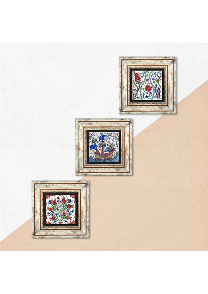 Çini Sanatı Lale, Yelkenli Gemi Çerçeveli Taş Duvar Tablosu 3’lü Set - Dekoratif Modern Sanat, Ev ve Ofis Dekoru |TK3-42| indirimleri