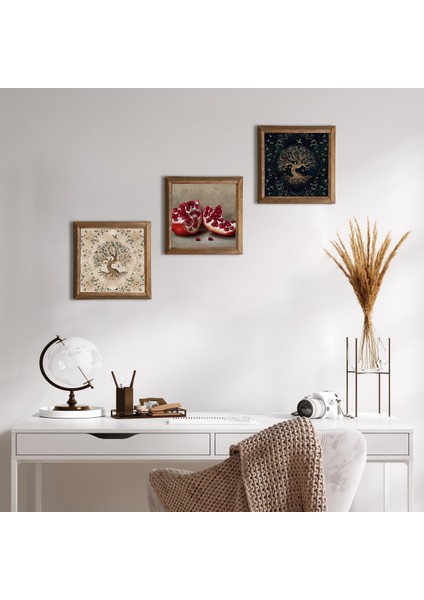 Hayat Ağacı, Nar Ahşap Çerçeveli Taş Duvar Tablosu 3’lü Set – 25x25 cm Dekoratif Modern Sanat – Ev ve Ofis Dekoru |W3-922|
