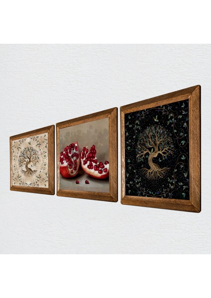Hayat Ağacı, Nar Ahşap Çerçeveli Taş Duvar Tablosu 3’lü Set – 25x25 cm Dekoratif Modern Sanat – Ev ve Ofis Dekoru |W3-922| fiyatları
