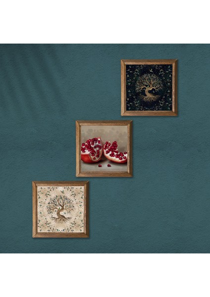 Hayat Ağacı, Nar Ahşap Çerçeveli Taş Duvar Tablosu 3’lü Set – 25x25 cm Dekoratif Modern Sanat – Ev ve Ofis Dekoru |W3-922| modelleri
