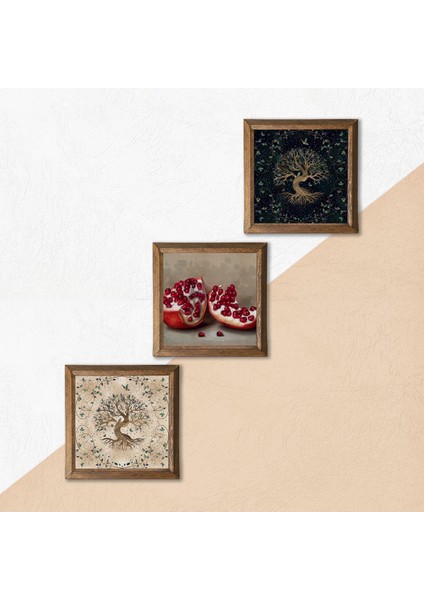 Hayat Ağacı, Nar Ahşap Çerçeveli Taş Duvar Tablosu 3’lü Set – 25x25 cm Dekoratif Modern Sanat – Ev ve Ofis Dekoru |W3-922| indirimleri