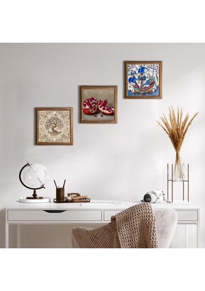 Stone Çini Sanatı Yelkenli Gemi, Hayat Ağacı, Nar Ahşap Çerçeveli Taş Duvar Tablosu 3’lü Set – 25x25 cm Dekoratif Modern Sanat – Ev ve Ofis Dekoru |W3-928|