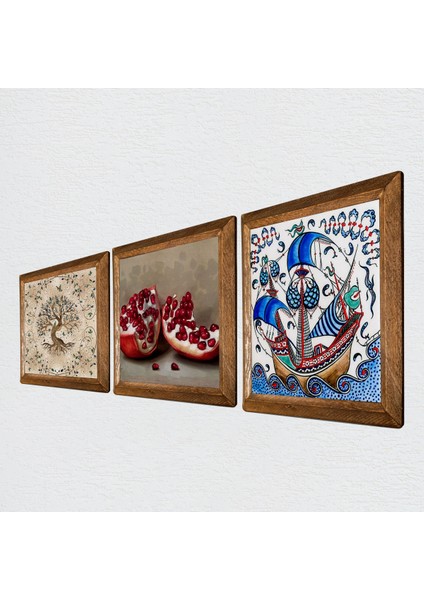Stone Çini Sanatı Yelkenli Gemi, Hayat Ağacı, Nar Ahşap Çerçeveli Taş Duvar Tablosu 3’lü Set – 25x25 cm Dekoratif Modern Sanat – Ev ve Ofis Dekoru |W3-928| fiyatları