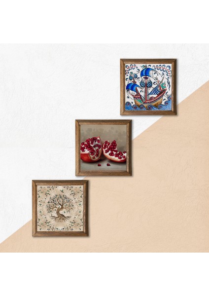 Stone Çini Sanatı Yelkenli Gemi, Hayat Ağacı, Nar Ahşap Çerçeveli Taş Duvar Tablosu 3’lü Set – 25x25 cm Dekoratif Modern Sanat – Ev ve Ofis Dekoru |W3-928| indirimleri