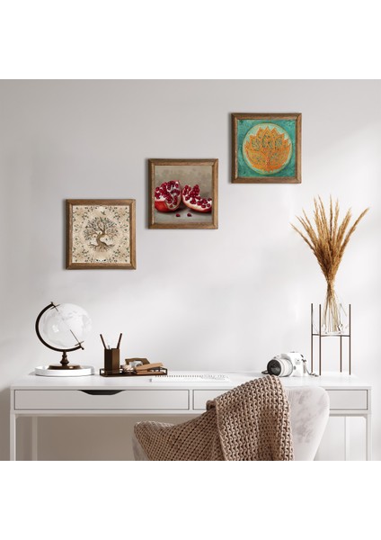 Lotus Çiçeği, Hayat Ağacı, Nar Taş Duvar Tablosu Ahşap Çerçeveli Duvar Dekoru 3 Parça Tablo Seti Wall Art W3-933