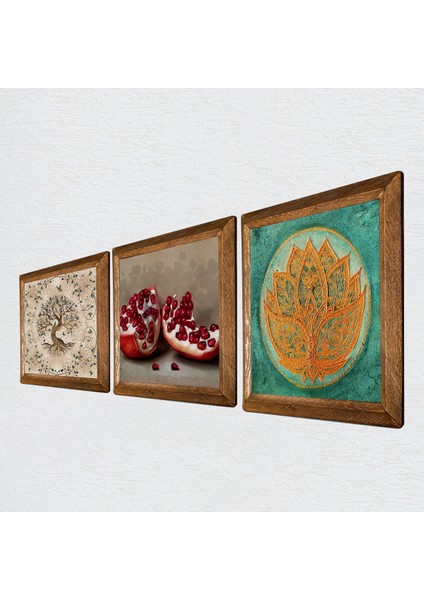 Lotus Çiçeği, Hayat Ağacı, Nar Taş Duvar Tablosu Ahşap Çerçeveli Duvar Dekoru 3 Parça Tablo Seti Wall Art W3-933 fiyatları