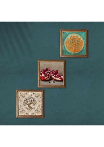 Lotus Çiçeği, Hayat Ağacı, Nar Taş Duvar Tablosu Ahşap Çerçeveli Duvar Dekoru 3 Parça Tablo Seti Wall Art W3-933 modelleri