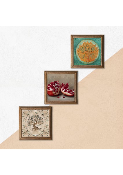 Lotus Çiçeği, Hayat Ağacı, Nar Taş Duvar Tablosu Ahşap Çerçeveli Duvar Dekoru 3 Parça Tablo Seti Wall Art W3-933 indirimleri