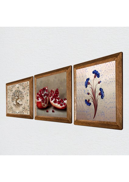 Ebru Sanatı, Hayat Ağacı, Nar Taş Duvar Tablosu Ahşap Çerçeveli Duvar Dekoru 3 Parça Tablo Seti Wall Art W3-944
