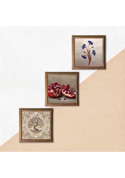 Ebru Sanatı, Hayat Ağacı, Nar Taş Duvar Tablosu Ahşap Çerçeveli Duvar Dekoru 3 Parça Tablo Seti Wall Art W3-944