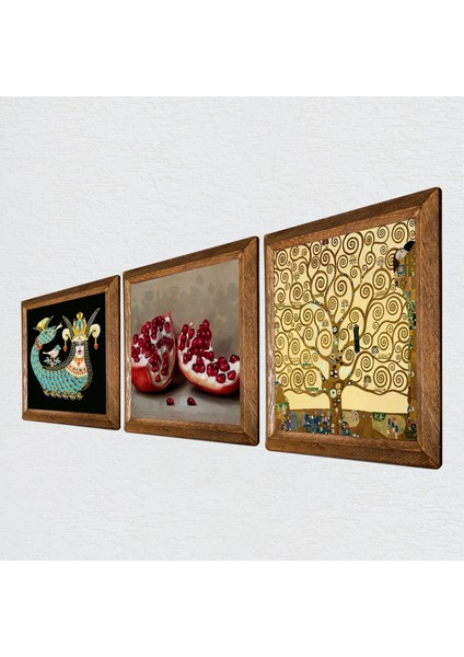 Gustav Klimt Hayat Ağacı, Şahmeran, Nar Ahşap Çerçeveli Taş Duvar Tablosu 3’lü Set – 25x25 cm Dekoratif Modern Sanat – Ev ve Ofis Dekoru |W3-964| fiyatları