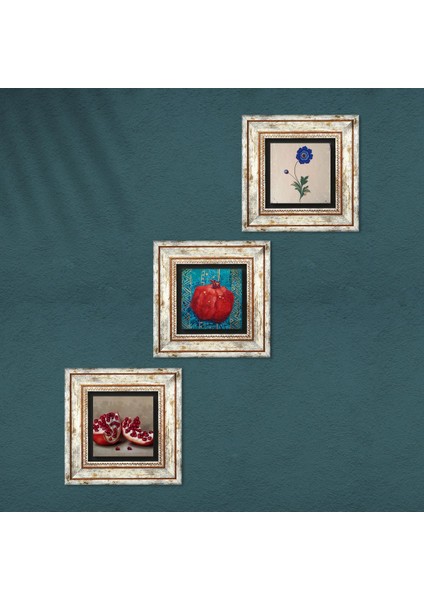 Ebru Sanatı, Nar Taş Duvar Tablosu Çerçeveli Duvar Dekoru 3 Parça Tablo Seti Wall Art T3-814