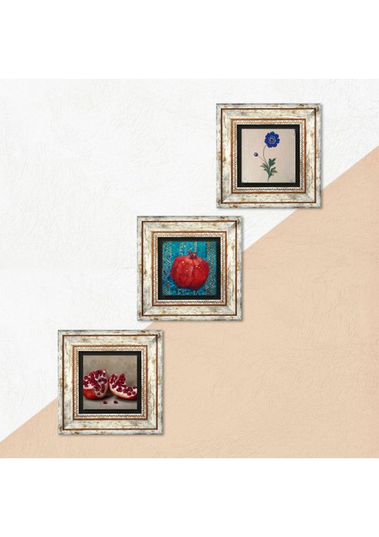 Ebru Sanatı, Nar Taş Duvar Tablosu Çerçeveli Duvar Dekoru 3 Parça Tablo Seti Wall Art T3-814