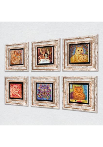 Louis Wain Kediler Taş Duvar Tablosu Çerçeveli Duvar Dekoru 6 Parça Tablo Seti Wall Art T6-97