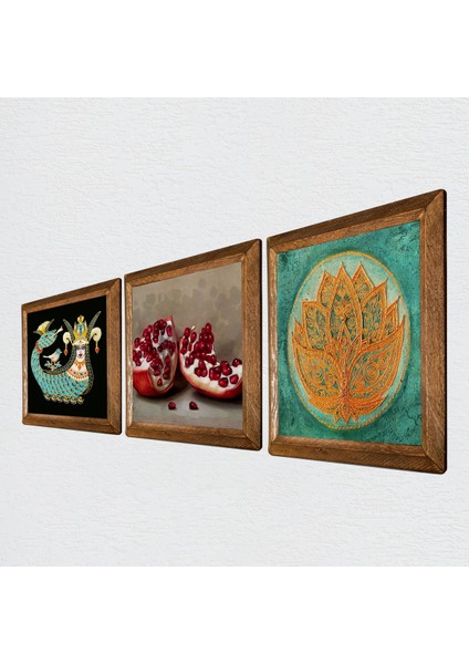 Lotus Çiçeği, Şahmeran, Nar Ahşap Çerçeveli Taş Duvar Tablosu 3’lü Set – 25x25 cm Dekoratif Modern Sanat – Ev ve Ofis Dekoru |W3-1003| fiyatları