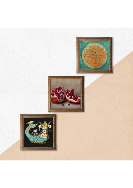 Lotus Çiçeği, Şahmeran, Nar Ahşap Çerçeveli Taş Duvar Tablosu 3’lü Set – 25x25 cm Dekoratif Modern Sanat – Ev ve Ofis Dekoru |W3-1003| indirimleri