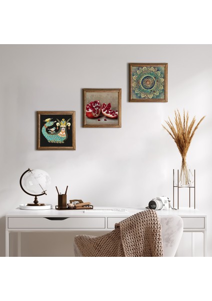 Mandala, Şahmeran, Nar Ahşap Çerçeveli Taş Duvar Tablosu 3’lü Set – 25x25 cm Dekoratif Modern Sanat – Ev ve Ofis Dekoru |W3-1012|
