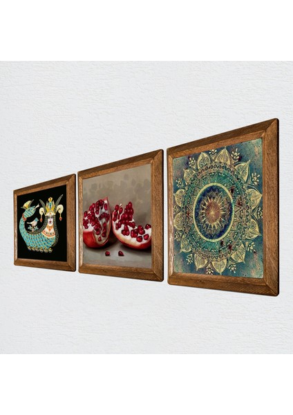 Mandala, Şahmeran, Nar Ahşap Çerçeveli Taş Duvar Tablosu 3’lü Set – 25x25 cm Dekoratif Modern Sanat – Ev ve Ofis Dekoru |W3-1012| fiyatları