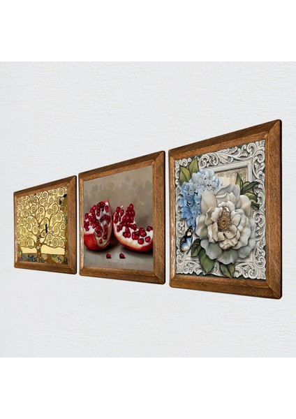 Gustav Klimt Hayat Ağacı, Kelebekli Çiçek, Nar Ahşap Çerçeveli Taş Duvar Tablosu 3’lü Set – 25x25 cm Dekoratif Modern Sanat – Ev ve Ofis Dekoru |W3-1131| fiyatları