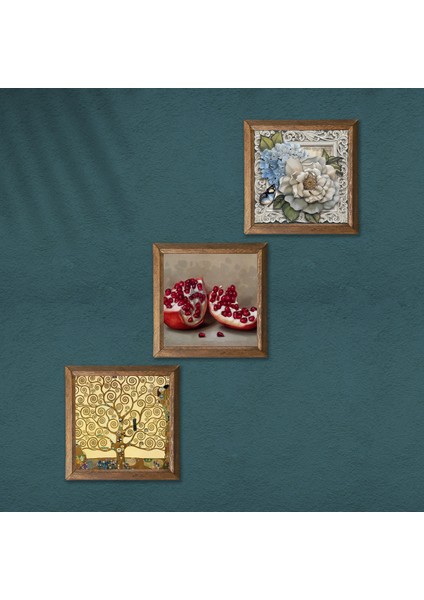 Gustav Klimt Hayat Ağacı, Kelebekli Çiçek, Nar Ahşap Çerçeveli Taş Duvar Tablosu 3’lü Set – 25x25 cm Dekoratif Modern Sanat – Ev ve Ofis Dekoru |W3-1131| modelleri