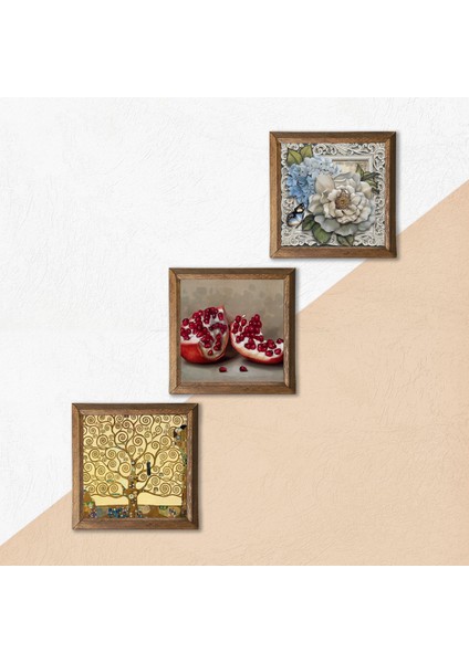 Gustav Klimt Hayat Ağacı, Kelebekli Çiçek, Nar Ahşap Çerçeveli Taş Duvar Tablosu 3’lü Set – 25x25 cm Dekoratif Modern Sanat – Ev ve Ofis Dekoru |W3-1131| indirimleri
