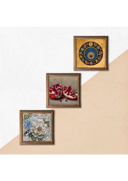 Nazar Boncuğu, Kelebekli Çiçek, Nar Taş Duvar Tablosu Ahşap Çerçeveli Duvar Dekoru 3 Parça Tablo Seti Wall Art W3-1147 indirimleri