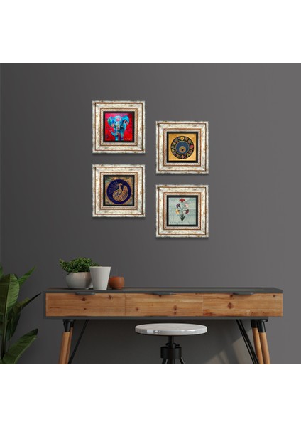 Ebru Sanatı, Fil, Tavus Kuşu, Nazar Taş Duvar Tablosu Çerçeveli Duvar Dekoru 4 Parça Tablo Seti Wall Art T4-345