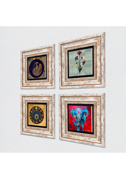 Ebru Sanatı, Fil, Tavus Kuşu, Nazar Taş Duvar Tablosu Çerçeveli Duvar Dekoru 4 Parça Tablo Seti Wall Art T4-345