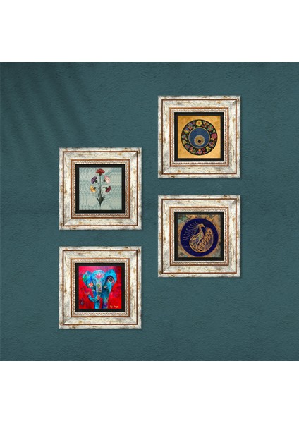 Ebru Sanatı, Fil, Tavus Kuşu, Nazar Taş Duvar Tablosu Çerçeveli Duvar Dekoru 4 Parça Tablo Seti Wall Art T4-345