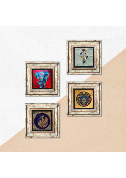 Ebru Sanatı, Fil, Tavus Kuşu, Nazar Taş Duvar Tablosu Çerçeveli Duvar Dekoru 4 Parça Tablo Seti Wall Art T4-345