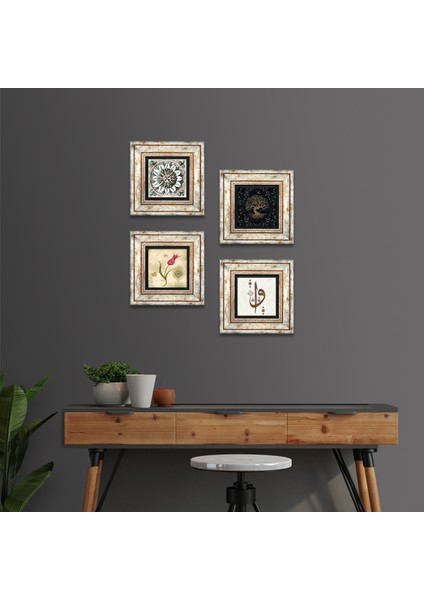 Stone Elif Vav, Hayat Ağacı, Lale, Çini Sanatı Çerçeveli Taş Duvar Tablosu 4’lü Set - Dekoratif Modern Sanat, Ev ve Ofis Dekoru |TK4-356|