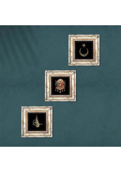Osmanlı Tuğrası, Ay Yıldız Çerçeveli Taş Duvar Tablosu 3’lü Set - Dekoratif Modern Sanat, Ev ve Ofis Dekoru |TK3-53| fırsatları
