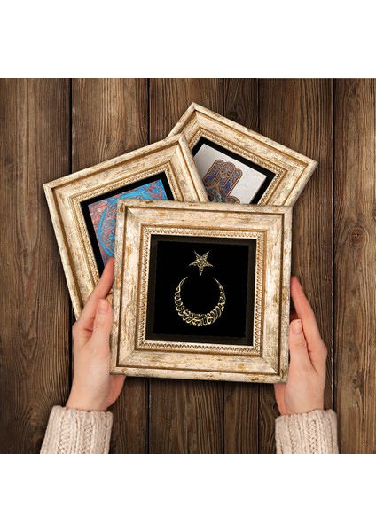 Osmanlı Tuğrası, Ay Yıldız Çerçeveli Taş Duvar Tablosu 3’lü Set - Dekoratif Modern Sanat, Ev ve Ofis Dekoru |TK3-53| modelleri