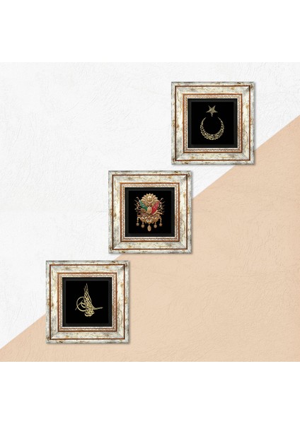 Osmanlı Tuğrası, Ay Yıldız Çerçeveli Taş Duvar Tablosu 3’lü Set - Dekoratif Modern Sanat, Ev ve Ofis Dekoru |TK3-53| indirimleri