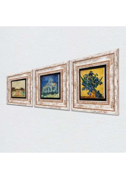 Stone Van Gogh Kilise, Süsenler, Hollanda'da Lale Tarlaları Çerçeveli Taş Duvar Tablosu 3’lü Set - Dekoratif Modern Sanat, Ev ve Ofis Dekoru |TK3-530| fiyatları