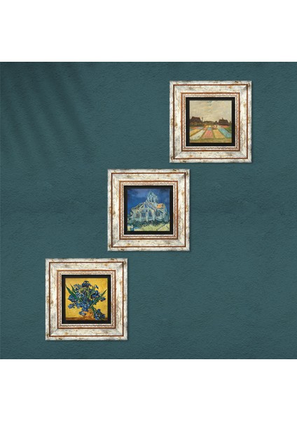 Stone Van Gogh Kilise, Süsenler, Hollanda'da Lale Tarlaları Çerçeveli Taş Duvar Tablosu 3’lü Set - Dekoratif Modern Sanat, Ev ve Ofis Dekoru |TK3-530| fırsatları