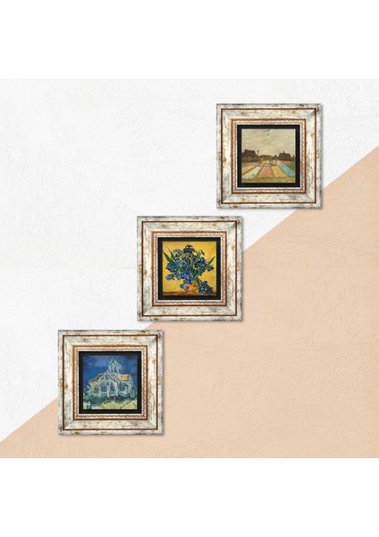 Stone Van Gogh Kilise, Süsenler, Hollanda'da Lale Tarlaları Çerçeveli Taş Duvar Tablosu 3’lü Set - Dekoratif Modern Sanat, Ev ve Ofis Dekoru |TK3-530| indirimleri