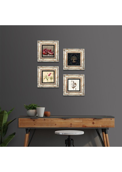 Stone Elif Vav, Hayat Ağacı, Lale, Nar Çerçeveli Taş Duvar Tablosu 4’lü Set - Dekoratif Modern Sanat, Ev ve Ofis Dekoru |TK4-348|