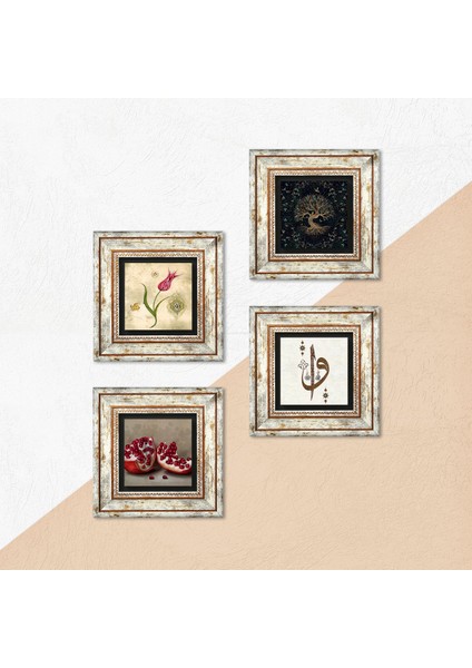 Stone Elif Vav, Hayat Ağacı, Lale, Nar Çerçeveli Taş Duvar Tablosu 4’lü Set - Dekoratif Modern Sanat, Ev ve Ofis Dekoru |TK4-348| indirimleri