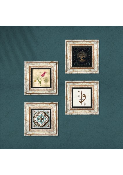 Elif Vav, Hayat Ağacı, Lale, Çini Sanatı Çerçeveli Taş Duvar Tablosu 4’lü Set - Dekoratif Modern Sanat, Ev ve Ofis Dekoru |TK4-357| fırsatları