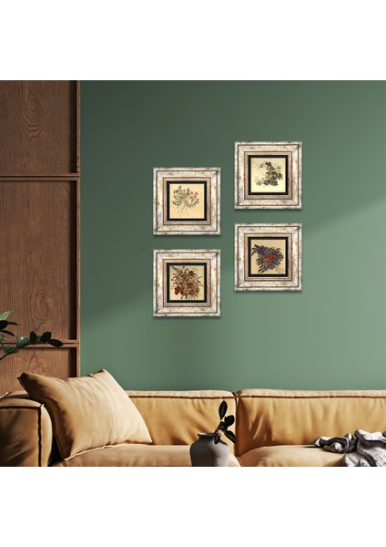 Vintage Çiçek Çerçeveli Taş Duvar Tablosu 4’lü Set - Dekoratif Modern Sanat, Ev ve Ofis Dekoru |TK4-36|