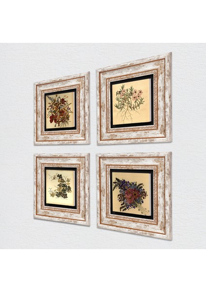 Vintage Çiçek Çerçeveli Taş Duvar Tablosu 4’lü Set - Dekoratif Modern Sanat, Ev ve Ofis Dekoru |TK4-36| fiyatları
